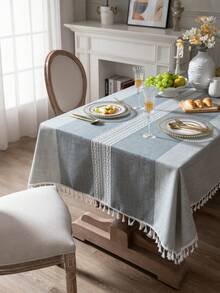 1塊拼色條紋桌布,波西米亞風格涤纶纤维矩形桌布,带流苏装饰,适用于餐桌、野餐、派对以及所有季节的家庭使用 - 灰色 - 查看 8