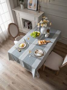 1塊拼色條紋桌布,波西米亞風格涤纶纤维矩形桌布,带流苏装饰,适用于餐桌、野餐、派对以及所有季节的家庭使用 - 灰色 - 查看 7