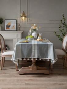 1塊拼色條紋桌布,波西米亞風格涤纶纤维矩形桌布,带流苏装饰,适用于餐桌、野餐、派对以及所有季节的家庭使用 - 灰色 - 查看 1