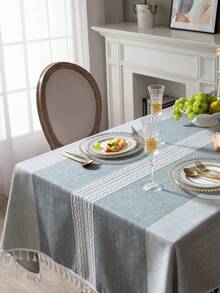 1塊拼色條紋桌布,波西米亞風格涤纶纤维矩形桌布,带流苏装饰,适用于餐桌、野餐、派对以及所有季节的家庭使用 - 灰色 - 查看 2