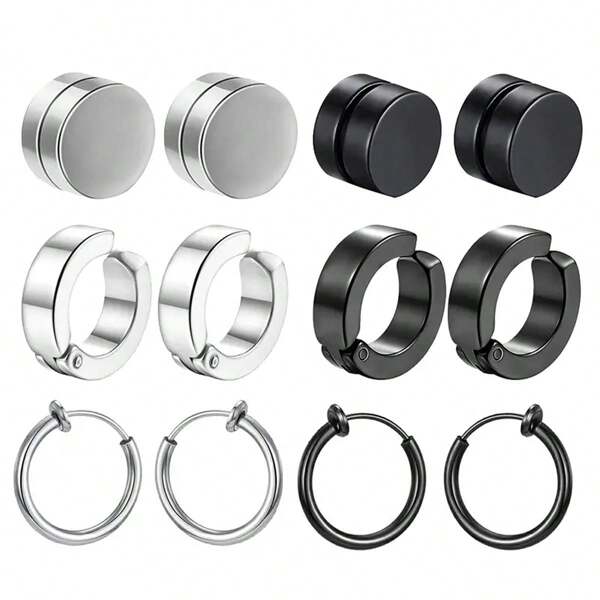 Set Di 6 Paia Di Orecchini A Calamita Moda Uomo E Donna, Cz Nero Magnetico Clip Senza Piercing, Orecchini Punk, Gioielli