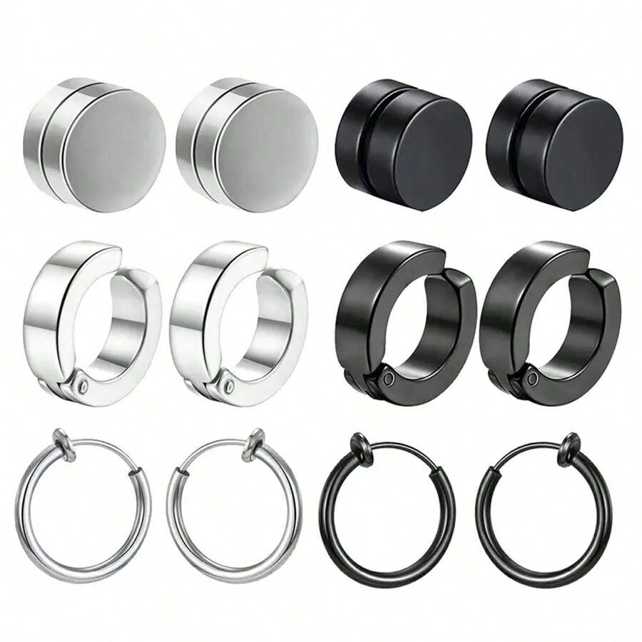 6雙組時尚磁力貼扣耳針,男女黑色鋯石磁石無穿孔夾式耳環套裝,朋克風耳環珠寶