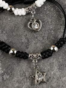 2入組簡約時尚星形和心型吊墜情侶黑白編織手鍊 - 星星愛心 - 查看 4