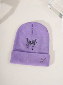 1pc Autumn Winter Unisex Elastic Knitted Hat With Embroidered Flower, Warm And For Street Style - Mauve Purple - View 1