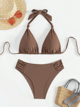 2pcs/Set Sweet & Sexy Solid Color Tie-Up Spaghetti Strap Bikini Swimsuit, Beach Vacation Style