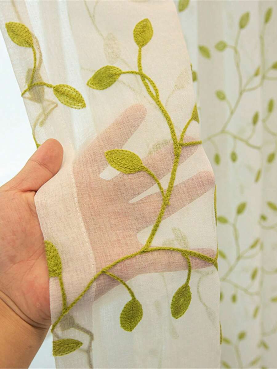 1 Panel Rustic Style Sheer Curtain Rod Pocket Top Green Leaves Embroidery Sheer Curtain For Living Room Bedroom Studying Room - màu xanh lá - Xem 1