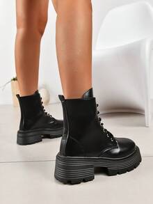 New Arrival Women's Retro Thick Bottom Front Lace-Up Fashionable And Comfortable Boots, Black Leather Motorcycle Style Chunky Heel Waterproof Platform Ankle High Heels - Black - View 5