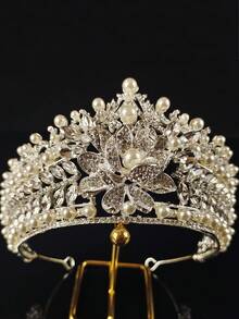 1pc Fashionable Crystal Flower Decor Crown Headpiece, Bridal & Wedding & Prom & Birthday Princess Crown - Multicolor - View 3