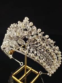 1pc Fashionable Crystal Flower Decor Crown Headpiece, Bridal & Wedding & Prom & Birthday Princess Crown - Multicolor - View 4