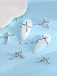 10pcs Alloy & Silver Tone 3d Bowknot & Cross Shaped Nail Art Decorations, Cute & Versatile Nail Accessories - Silver - View 1