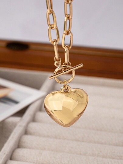 Chunky Chain OT Necklace With Large Smooth Surface Heart For Women And Girls Couple Gifts Valentine's Day Gift Gifts For Mother/ Mom/Mama