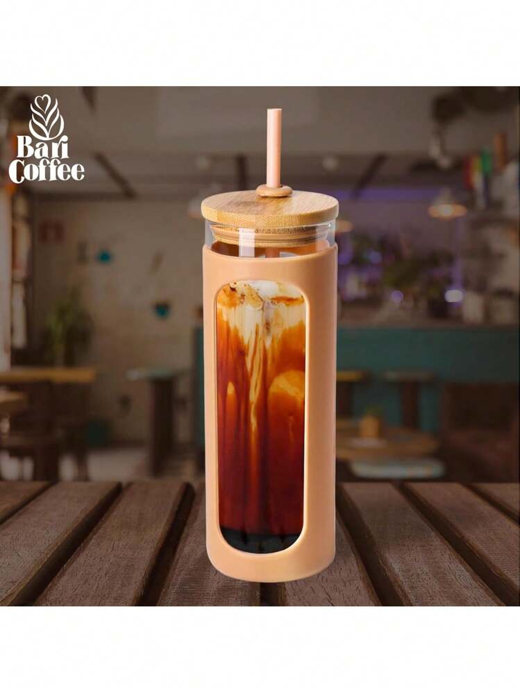Vaso Térmico de Vidrio con Popote de Silicona, Funda Protectora, 20 Oz (600 ml). ¡Para bebidas Calientes o Frías, con Tapa de Bambú, reutilizable y boquilla ancha!" - Caqui - Añade 8