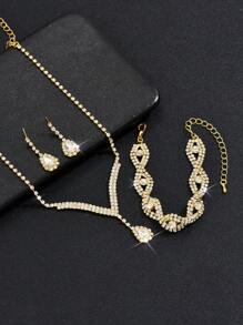4 件新娘首饰套装：水晶 V 形项链、耳环、编织手链 - 金色 - 查看 4