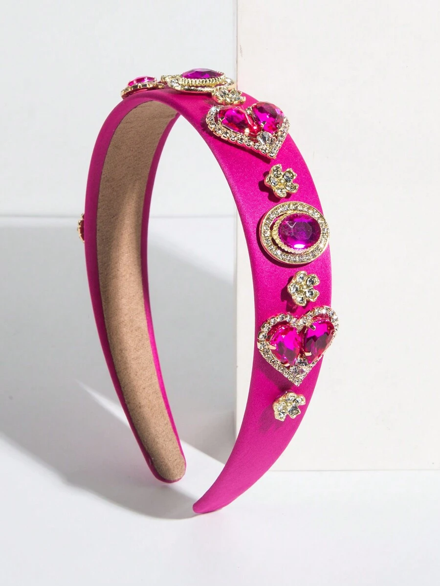 1入組韓式心型寶石裝飾玫瑰粉色頭箍 - 玫紅色 - 查看 1