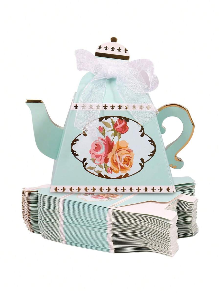5pcs Teapot Candy Box, Vintage Floral Teapot Box, Paper Flower Tea Party Gift Boxes, Cute Present Bags With Bow For Wedding Bridal Birthday Party Favors - Green - View 1