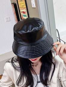 1入組日式遮陽漏斗帽，休閒時尚漏斗帽，全季皮革帽 - 黑色 - 查看 3