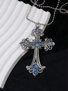 1pc Retro Rhinestone Turquoise Cross Pendant, Large Size Antique Silver Alloy DIY Jewelry Necklace, European & American Style - Diamond Cross Necklace - View 3