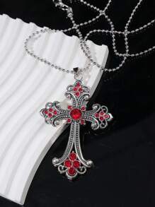 1pc Retro Rhinestone Turquoise Cross Pendant, Large Size Antique Silver Alloy DIY Jewelry Necklace, European & American Style - Diamond Cross Necklace - View 2