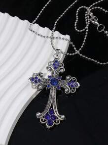 1pc Retro Rhinestone Turquoise Cross Pendant, Large Size Antique Silver Alloy DIY Jewelry Necklace, European & American Style - Diamond Cross Necklace - View 4