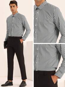 Hombres Camisa con estampado de rayas con botón, Camisas para negocios de hombres - Gris - Ver 4