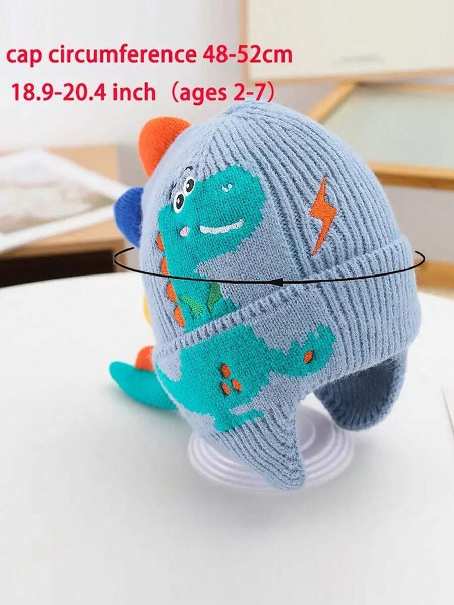 1pc Boys And Girls Cute Dinosaur Thick Warm Ear Protection Woolen Hat - Baby Blue - View 1
