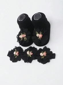 3pcs Baby Girls' Flower Headband & Socks Set - Black - View 3