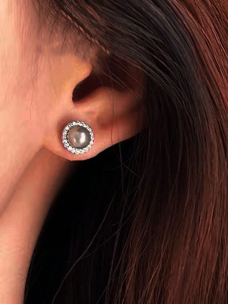 1對法式風格精緻的立體圓珍珠耳針,女款,極簡主義,百搭,高端耳飾 - 灰色 - 查看 1
