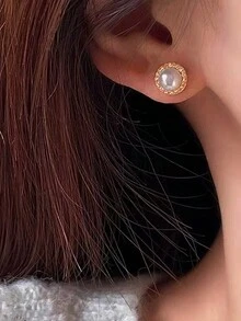 1對法式風格精緻的立體圓珍珠耳針,女款,極簡主義,百搭,高端耳飾 - 灰色 - 查看 2