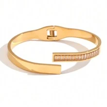 Hình chữ nhật Hình dạng Zirconia Open Ended Nhẫn Vòng tay Với Mùa Xuân Clasp - Vàng - Vòng tay mở khóa lò xo hình chữ nhật bất đối xứng - Vàng - Xem 14