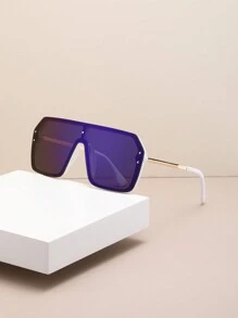 1pc New Fashion Metal Frame One-Piece Tinted Lens Fashion Glasses With Double Rivet Detail For Men & Women, Suitable For Outdoor Cycling - Violet Purple - View 7