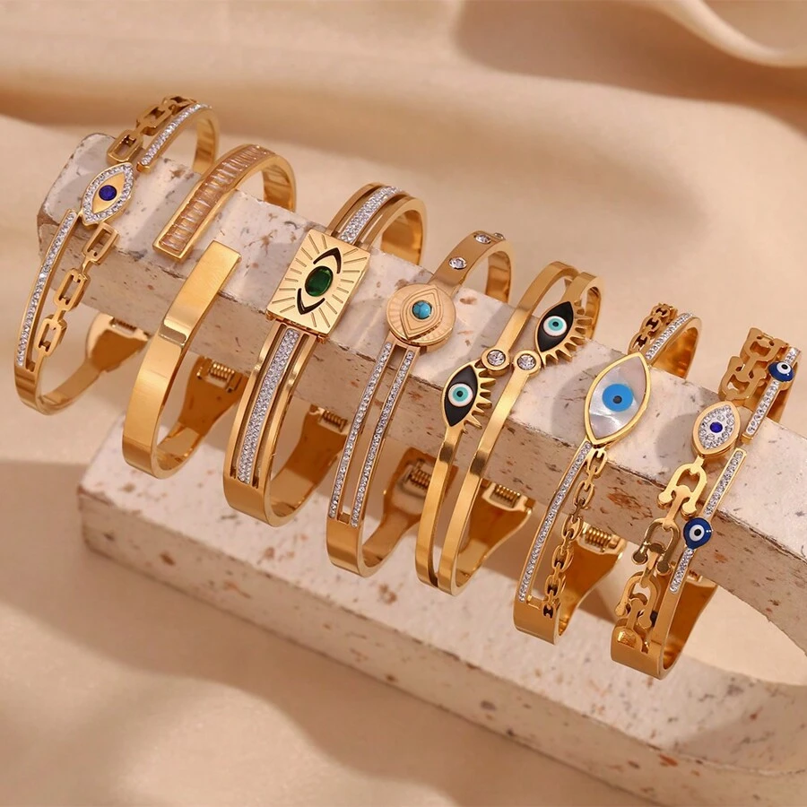 Hình chữ nhật Hình dạng Zirconia Open Ended Nhẫn Vòng tay Với Mùa Xuân Clasp - Vàng - Vòng tay mở khóa lò xo hình chữ nhật bất đối xứng - Vàng - Xem 1