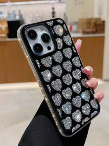 1pc Anti-Drop, High-End, Fashionable, Rhinestone Heart Shaped Mirror Phone Case Compatible With IPhone - Black - View 4