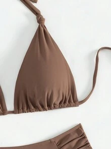 2件套甜美性感纯色系带细肩带比基尼泳衣，沙滩度假风 - 卡其色 - 查看 5