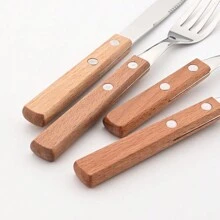 Knife Fork Teaspoon With Wooden Handle 304 Stainless Steel Cutlery Set 24Pcs Tableware Mirror Dinnerware Home Flatware Kitchen - Champagne - View 5