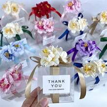 50入組透明pvc婚禮糖果盒,附人造花束緞帶,婚禮客人紀念品啞拉糖巧克力盒 - 磨砂香檳色 - 查看 3