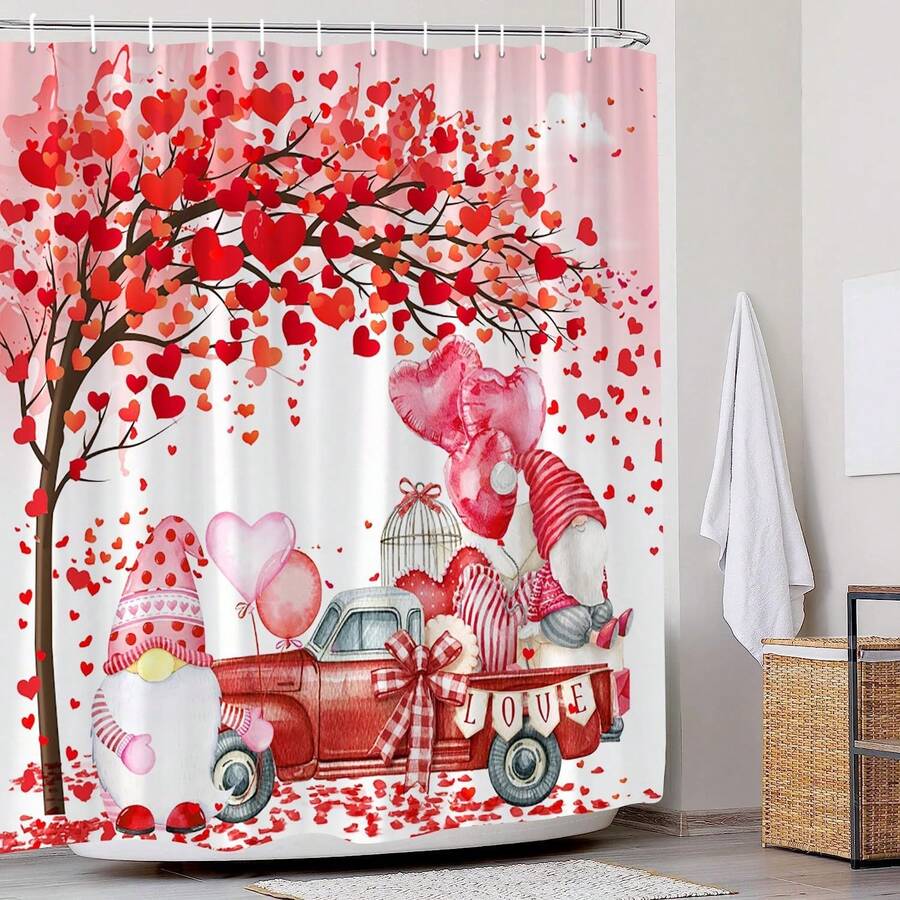 1入組情人節淋浴簾,浪漫小人紅色卡車愛樹粉色氣球現代時尚可愛浴室裝飾簾帶掛勾 - 彩色 - 查看 1