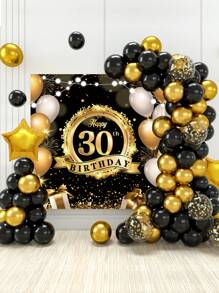 70入組黑金風格30歲生日彩紙氣球串鏈套裝包括1入黑金生日背景板和2入氣球配件,黑金風格30歲生日派對牆面背景裝飾氣球套裝,裝飾性氣球拱門套裝,30歲生日派對裝飾 - 黑金色 - 查看 1