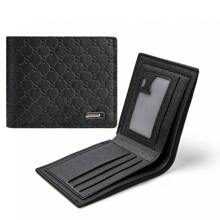 男士短款钱包带身份证照片驾驶证窗口压花蕾丝字母图案皮革钱包超薄男士情人节礼物钱夹钱包信用卡银行卡夹钱包超薄钱袋包卡夹 - 黑色 - 查看 7