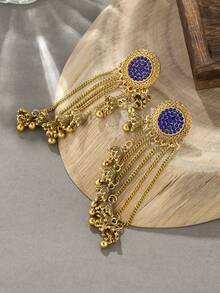 1pair Vintage Bohemian Rhinestone Tassel & Bell Dangle Earrings For Women Daily Wear - Classical - View 2