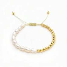 非傳統珠寶18k鍍金豬鼻鏈,多層淡水珍珠和天然心形珍珠編織珠鏈手鍊（女款） - 杏色 - 查看 6