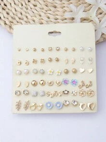 1 Card/30pairs European And American Fashionable Vintage Simple All-Match High-End Feeling Metallic Alloy Butterfly, Flower, Heart With Rhinestone Inlaid Asymmetric Geometric Earring Set, Suitable For Valentine's Day Gifts For Girlfriend - Multicolor - View 2