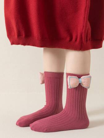 1pair Little Girls' Elegant Bowknot Design Mid-Calf Socks (For 1-2, 2-3, 3-8, 8-12 Years Old)