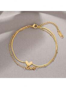 1pc Women's Double Layered Heart Charm Anklet, Fashionable 18k Gold Plating Simple Foot Jewelry - Gold - View 3