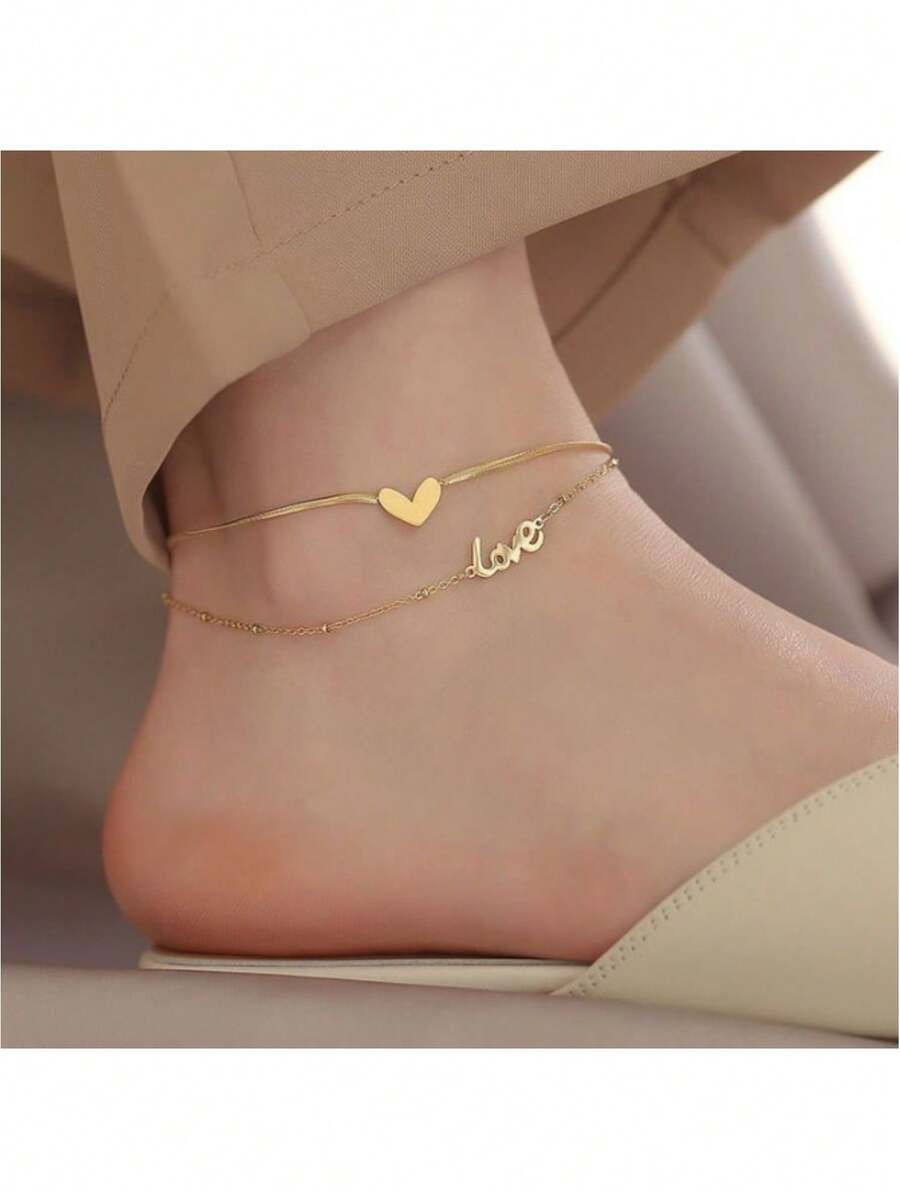 1pc Women's Double Layered Heart Charm Anklet, Fashionable 18k Gold Plating Simple Foot Jewelry - Gold - View 1