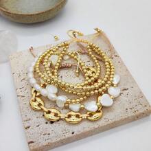 非傳統珠寶18k鍍金豬鼻鏈,多層淡水珍珠和天然心形珍珠編織珠鏈手鍊（女款） - 杏色 - 查看 2