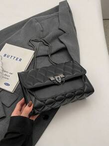 Fashionable Embossed Diamond Pattern Metal Chain Square Shoulder Bag - Black - View 2