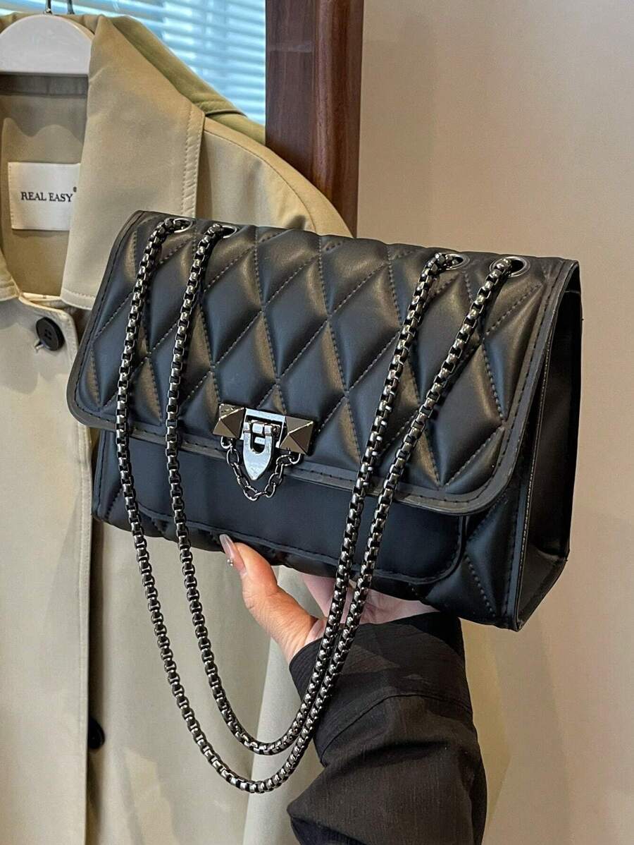 Fashionable Embossed Diamond Pattern Metal Chain Square Shoulder Bag - Black - View 1