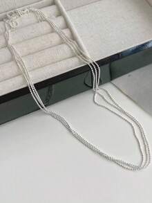 1pc Minimalist Ins Style Three Layers Glittering Beaded Necklace, S925 Sterling Silver, Suitable For Daily Wear And Gifting - Silver - View 5