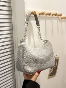 Fashion Solid Color Velour Zipper Closure Minimalist Chain Shoulder Bag - Grey - View 6