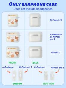 1入組卡通熊印花透明噴沙方形耳機盒，帶掛勾，適用於蘋果Airpods - 彩色 - 查看 5